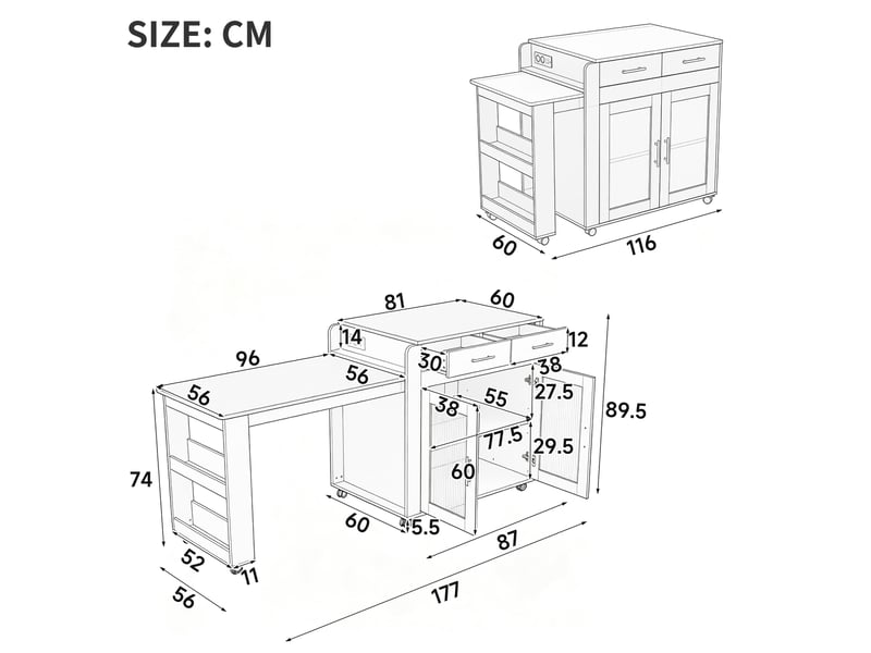  Îlot de cuisine mobile 177x60x89,5 cm, plateau extensible, prises usb, rangement, panneau de particules, noir  - Conforama C