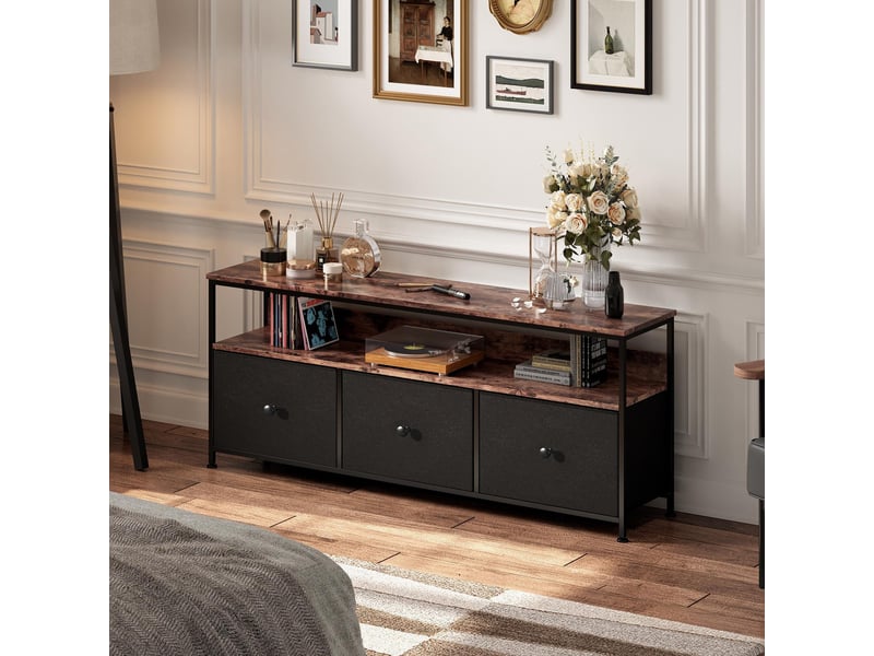  Meuble tv - 108x30x57cm - avec éclairage led, 3 tiroirs en tissu pu- meuble de rangement - bois rustique et noir  - Conforama B