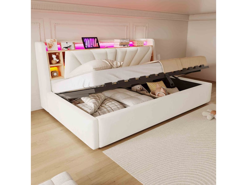 Lit simple 90x200 cm avec rangement hydraulique, tête de lit led avec usb et étagères, lit rembourré en velours avec coffre de rangement - beige - Conforama E