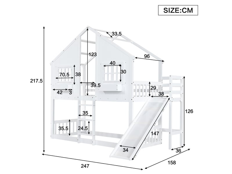 Lit superposé enfant 90x200 cm blanc avec toboggan, toit et fenêtres - Conforama C