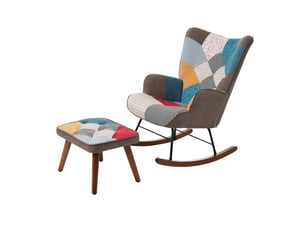 Fauteuil à bascule patchwork multicolore avec repose-pieds et coussin