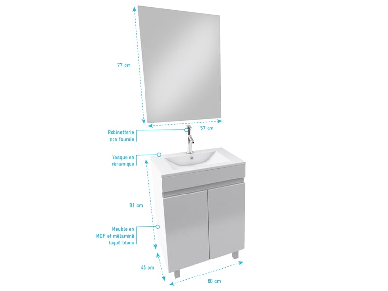  Ensemble meuble de salle de bain 60x45x81-meuble mdf-melamine brillant blanc-vasque ceramique+miroir  - Conforama C