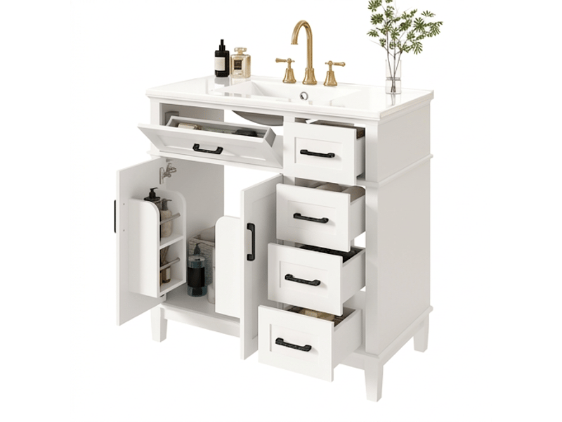  Meuble salle de bain sur pied 90 cm avec meuble vasque céramique blanc et poignées noires  - Conforama A