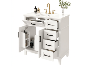Meuble salle de bain sur pied 90 cm avec meuble vasque céramique blanc et poignées noires