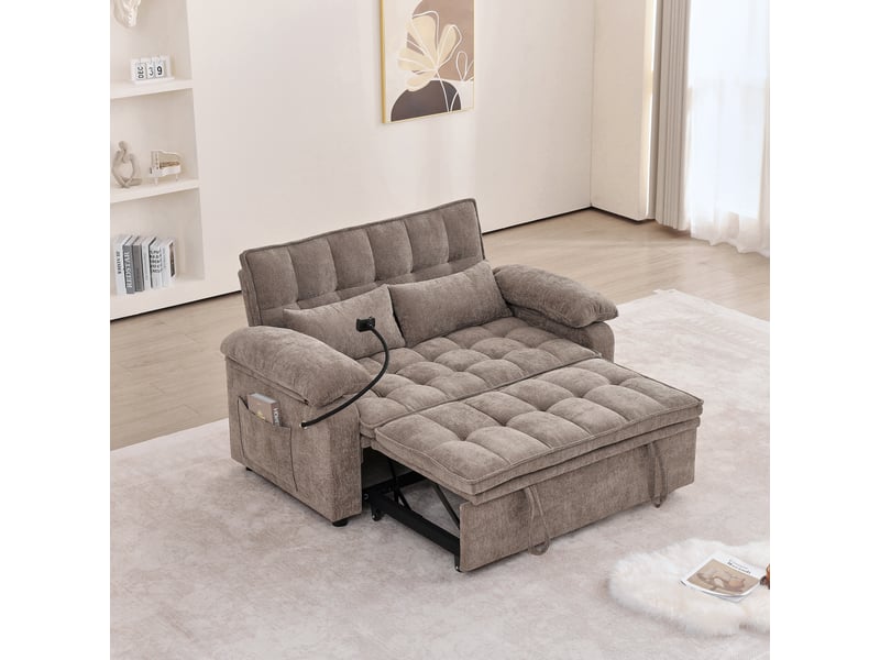  Canapé convertible 3-en-1 142 x 90 x 87 cm avec assise moelleuse, 2 coussins lombaires, tablette et porte-gobelet, chenille, marron OMNIGLINT TRADING LTD - Conforama B