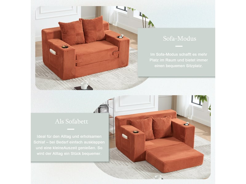  Fauteuil pouf 2 places avec poches latérales et deux coussins, assise rembourrée, en velours côtelé orange  - Conforama E