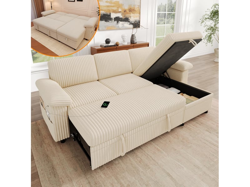  Canapé d'angle convertible 3 places avec coffre, dossier réglable, ports usb et type-c en velours côtelé beige  - Conforama B
