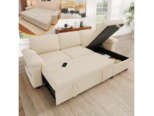 Canapé d'angle réversible convertible <strong>WISHDOR</strong> <strong></strong> 3 places Velours côtelé beige avec coffre de rangement