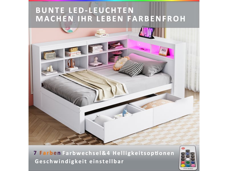  Lit coffre 90x200 cm avec rangements, led et usb, pin blanc, sans matelas  - Conforama D