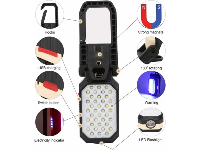  Lampe d'atelier à led cob, lampe de poche rechargeable, lampe de maintenance à 39 led avec base magnétique  - Conforama B