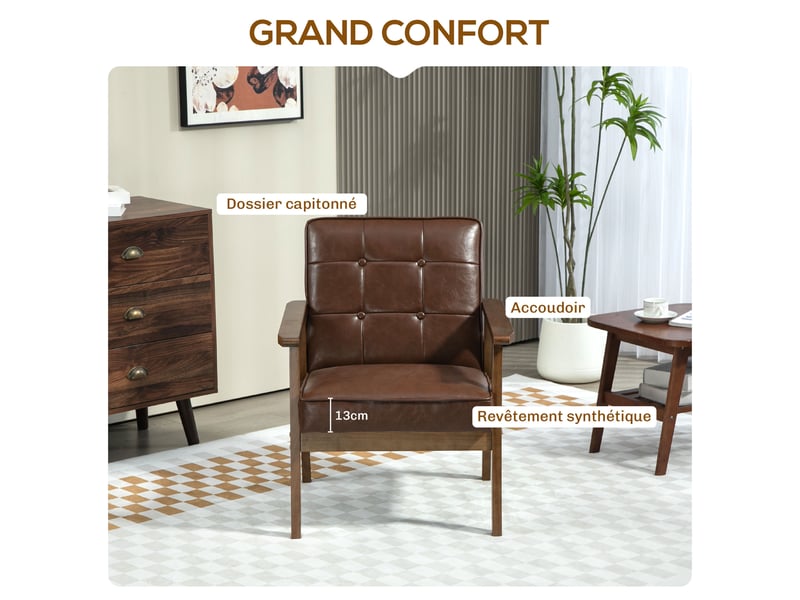  Fauteuil de salon, fauteuil de chambre en cuir synthétique, dossier capitonné, 64x73x81cm, pieds en bois massif, marron  - Conforama D