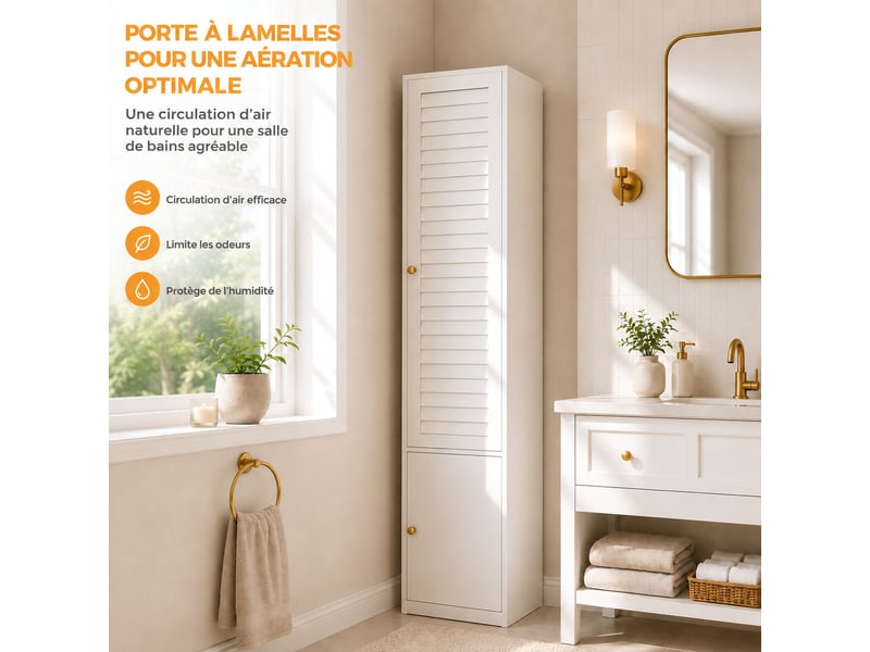  Armoire penderie 45x50x200 cm blanche, 1 porte à lattes, 1 tringle et 3 compartiments, format étroit  - Conforama E
