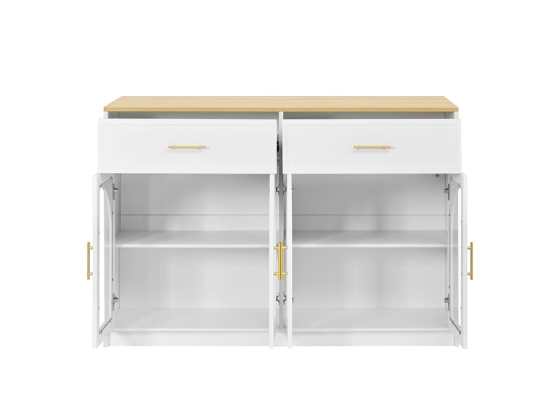 Îlot de cuisine et buffet de rangement - 135x55x90 cm blanc et bois naturel - avec éclairage led, tiroirs et portes transparentes  - Conforama A
