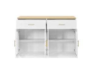 Îlot de cuisine et buffet de rangement - 135x55x90 cm blanc et bois naturel - avec éclairage led, tiroirs et portes transparentes