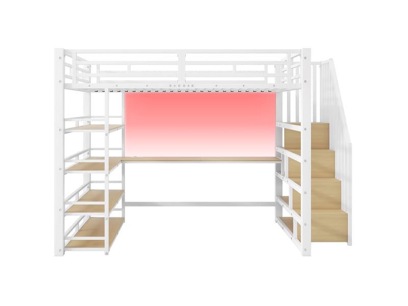 Lit mezzanine 140x200cm avec led, lit enfant, escalier rangement, bureau, usb, garde-corps, mdf+métal blanc sans matelas  - Conforama E