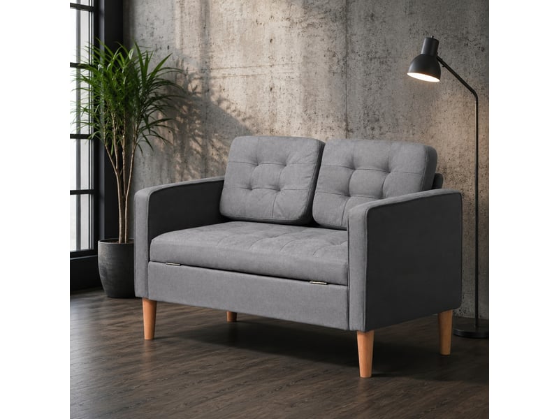  Canapé 2 places 117x62x78 cm avec rangement, coussins amovibles, en tissu gris  - Conforama B