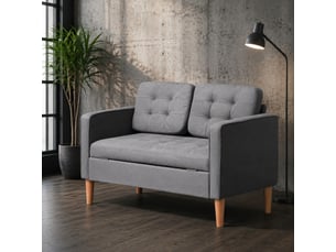 Canapé 2 places 117x62x78 cm avec rangement, coussins amovibles, en tissu gris