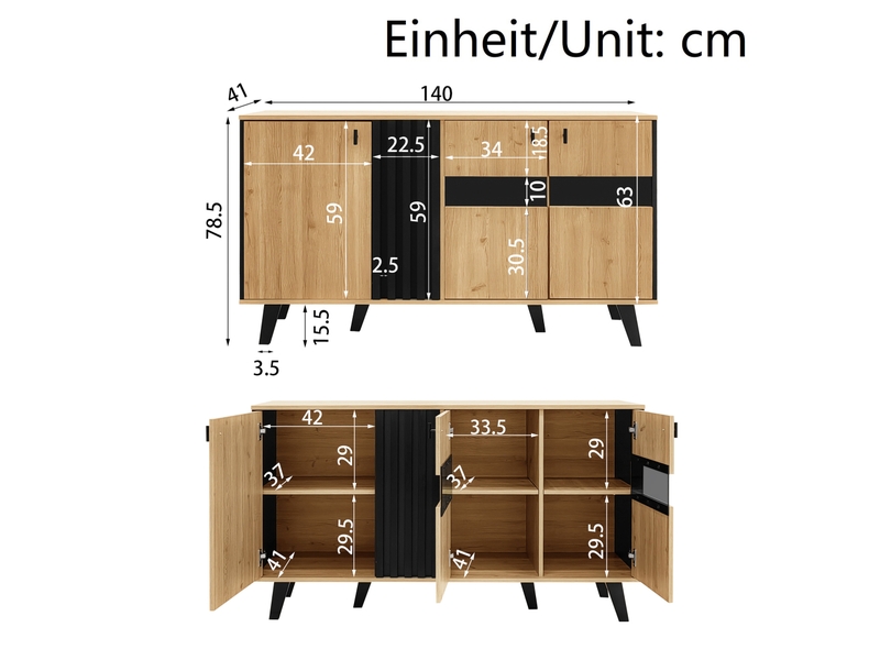  Ensemble de meubles de salon 3 pièces bois clair et noir, sideboard à led et rangements fonctionnels  - Conforama C