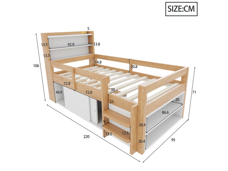  Lit enfant 90x200 cm avec rangements, led et usb, coloris bois naturel  - Conforama E