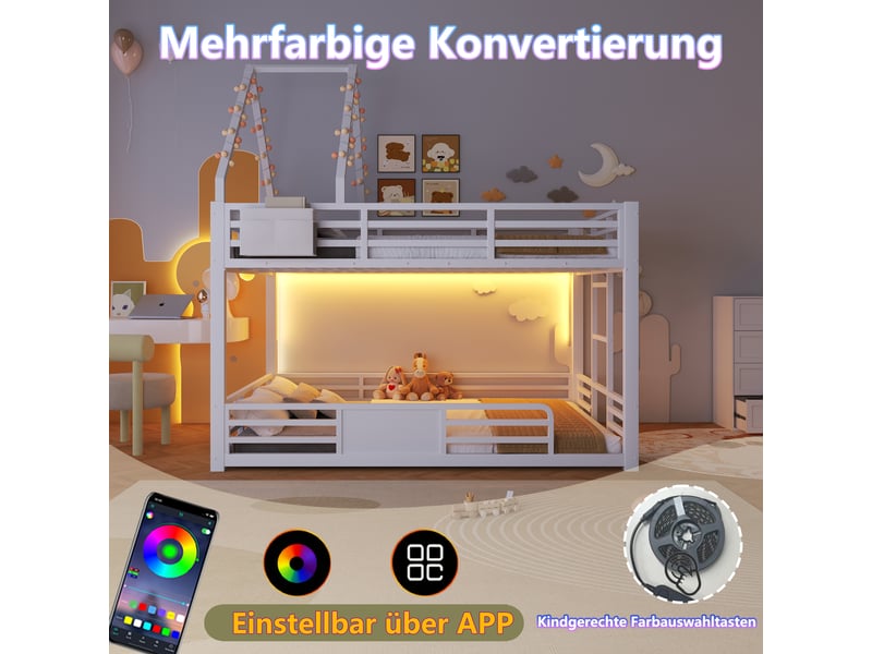  Lit superposé 2 places 140×200 cm avec led réglable, poches et barrière - okmyhome- blanc, sans matelas  - Conforama E