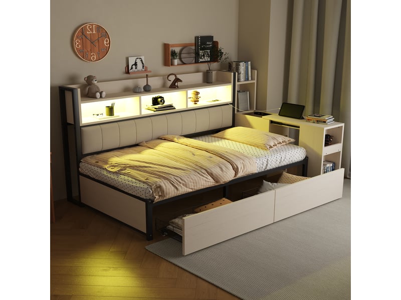  Canapé-lit 90x200 cm avec prise et éclairage led, lit simple avec grand tiroir et bureau coulissant, lit 1 personne, blanc  - Conforama E