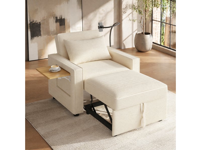  Fauteuil relax convertible 1 place beige en velours côtelé avec ports usb et type-c  - Conforama C
