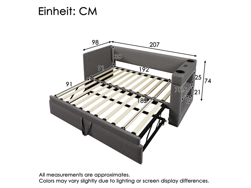  Lit banquette 90x190 cm canapé lit avec lit gigogne, ports usbtype-c, porte-gobelet, tissu lin et coton gris  - Conforama C