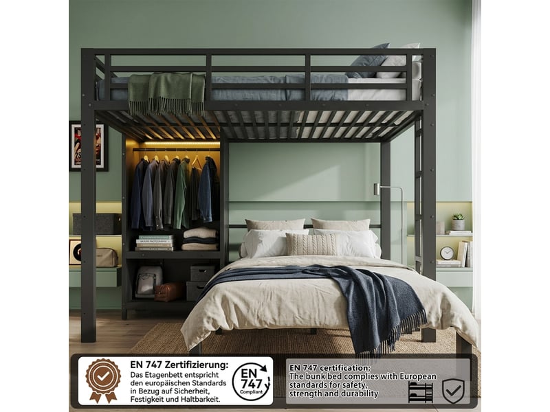  Lit superposé métal 120x200 cm avec armoire intégrée, éclairage led, échelle droite et 2 espaces de couchage, lit mezzanine noir  - Conforama E