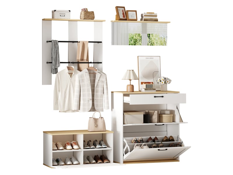  Meuble d’entrée modulable blanc et bois, vestiaire avec banc à chaussures, miroir et penderie, 156 x 36 x 176 cm  - Conforama A