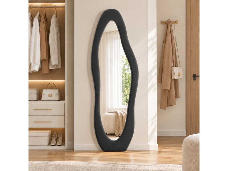  Miroir corps entier 160x50 cm, miroir sur pied ondulé asymétrique, avec pied u, pour chambre et dressing, cadre velours doux style scandinave, rose  - Conforama B