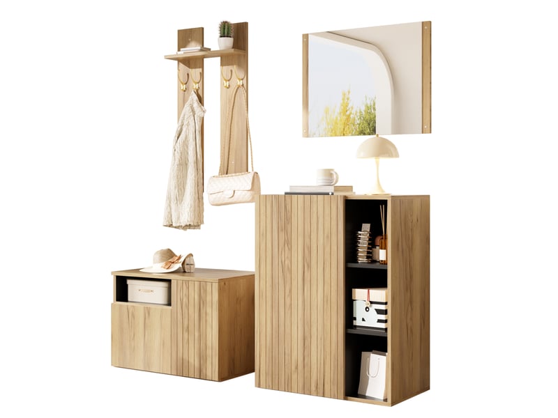  Meubles d'entrée 4 en 1 avec miroir, crochets, meuble à chaussures et banc, pour entrée, noir et naturel, 120 × 35 × 123 cm  - Conforama B