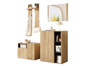 Meubles d'entrée 4 en 1 avec miroir, crochets, meuble à chaussures et banc, pour entrée, noir et naturel, 120 × 35 × 123 cm
