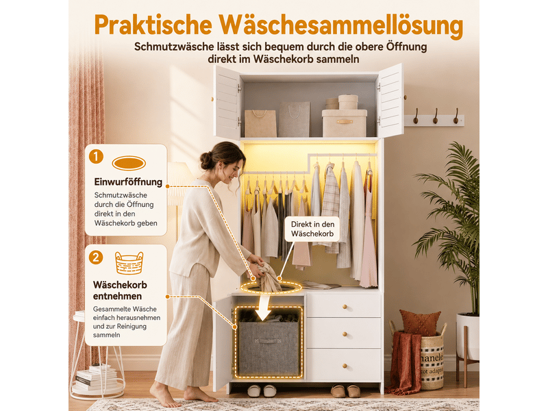  Armoire blanche avec panier à linge 90x50x200 cm - penderie led 3 tiroirs portes battantes  - Conforama D