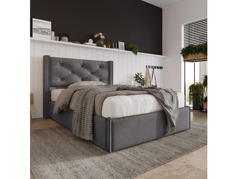  Modenvie lit coffre 90x200 cm - tête de lit capitonnée, matelas inclus - gris  - Conforama D
