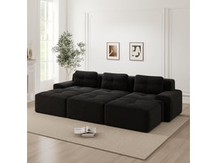 Canapé d'angle 3 places, avec fonction couchage, avec pouf, en velours côtelé, coloris noir, l293 x p177 x h69 cm, pour salon