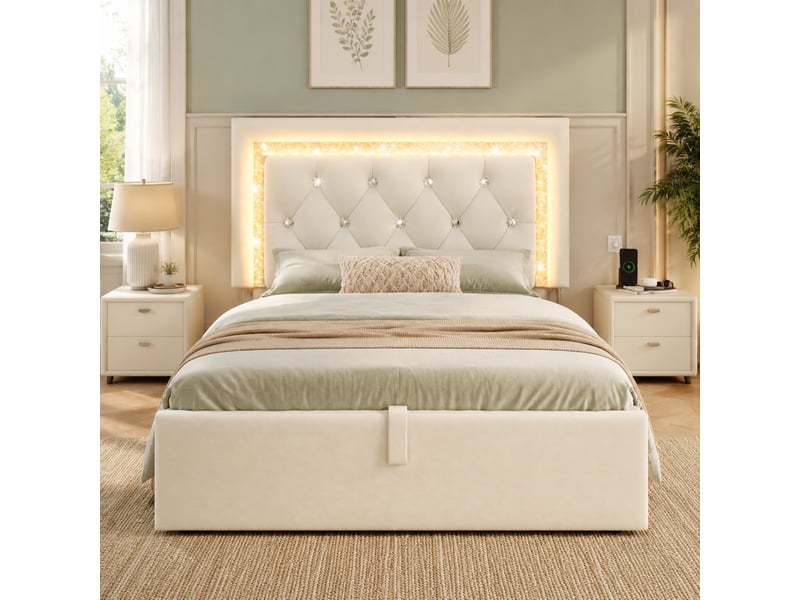  Lit coffre 90x200 cm avec led et ports usb type c en velours beige  - Conforama D