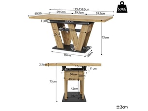 Table à manger extensible - oem - 119-158,5x80 cm - rangement intégré - pieds en w - mdf noir