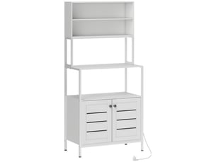 Étagere cuisine meuble micro-onde avec multiprise, double porte à persiennes, compartiments ouverts, blanc, 80x42x171cm