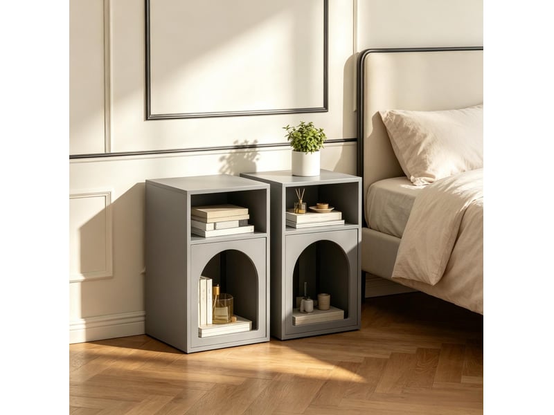 Lot de 2 tables de chevet grises en mdf peint, à niches ouvertes et design arqué pour petite chambre - Conforama E