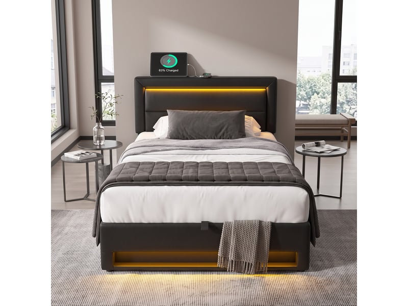  Lit simple 90x190 cm avec led, usb et rangement, revêtement pu noir  - Conforama B