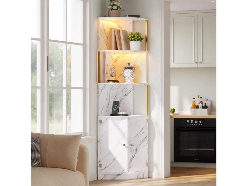  Meuble d'angle avec led et prises, 2 portes et étagères ouvertes, en mdf blanc pour cuisine et salon 38 × 38 × 180 cm  - Conforama E