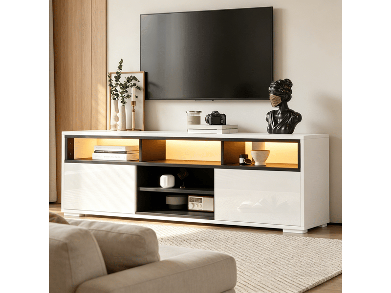  Meuble tv led 150x35x50 cm - meuble bas avec 2 portes et 8 compartiments de rangement, panneau de particules brillant - moderne  - Conforama D
