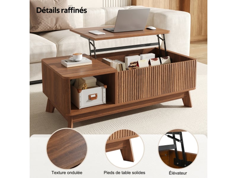 Table basse relevable au design ondulé, rangement latéral ouvert, en mdf, style moderne - Conforama E