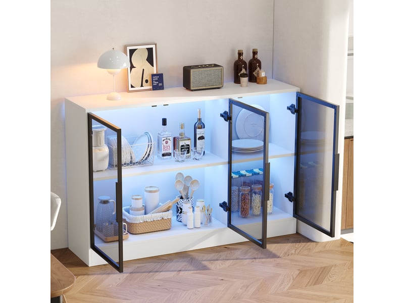  Vitrine basse 3 portes vitrées 120x30x73 cm, buffet vitrine avec led multicolore, verre gris, fermeture amortie, panneaux de particules, blanc  - Conforama D