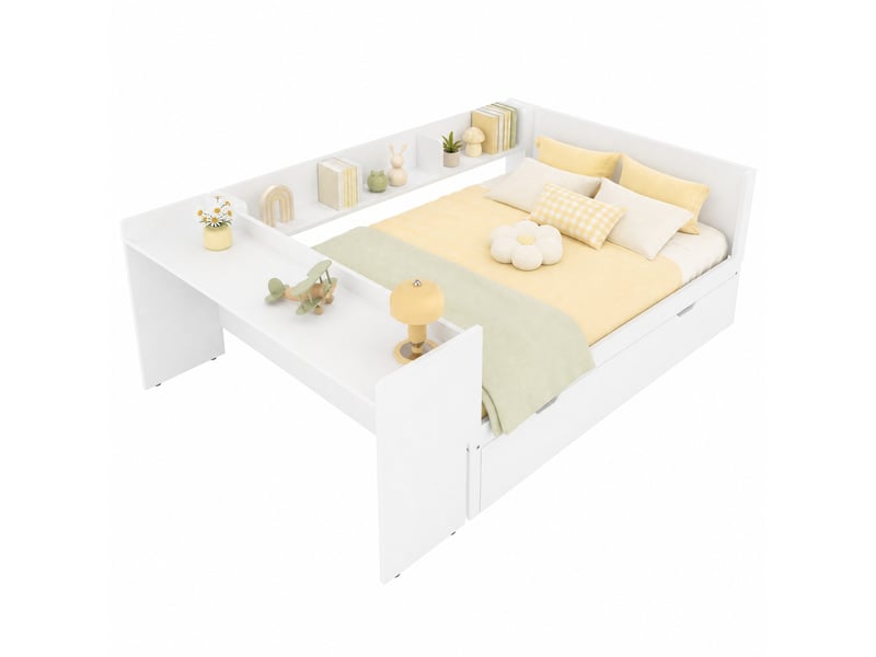  Lit gigogne 140x200 cm avec bureau et étagères en pin blanc  - Conforama A