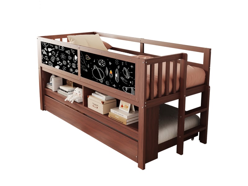  Lit enfant gigogne 90x200cm design minimaliste moderne, tableau ardoise, rangements, échelle, bois, marron sans matelas  - Conforama R