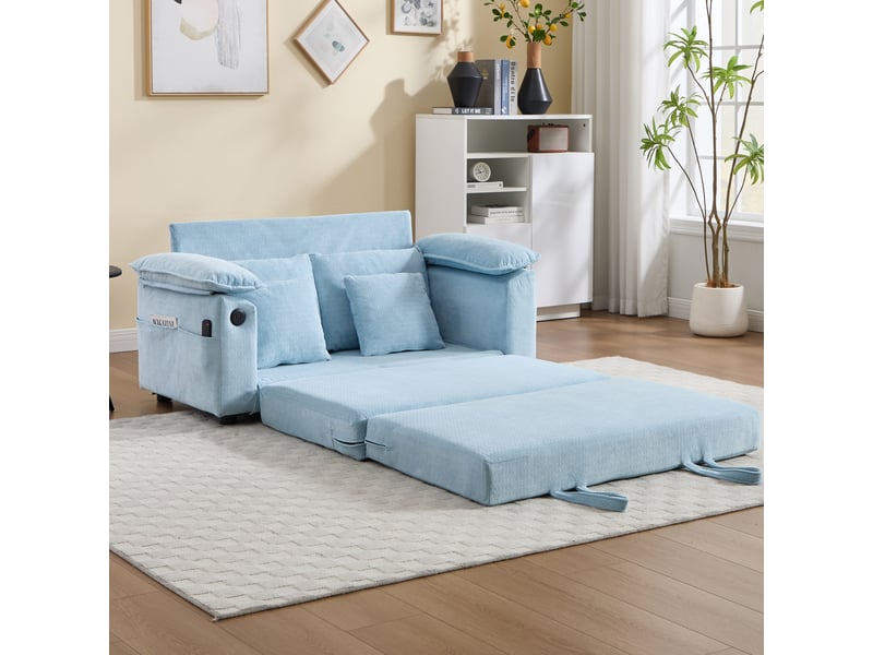  Canapé convertible 3 en 1 deux places avec couchage dépliant et poches latérales en chenille bleu  - Conforama E