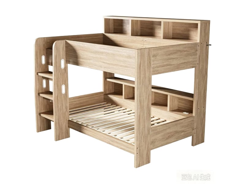  Lit superposé en bois 90 x 200 cm, avec grille de sécurité, échelle de sécurité et compartiment de rangement, couleur bois  - Conforama A