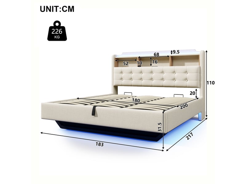 Lit capitonné, 180 × 200 cm, avec bande lumineuse led, rangement hydraulique, compartiments de rangement, design suspendu, matelas non inclus, ports usb et type-c, revêtement en lin, beige - Conforama C