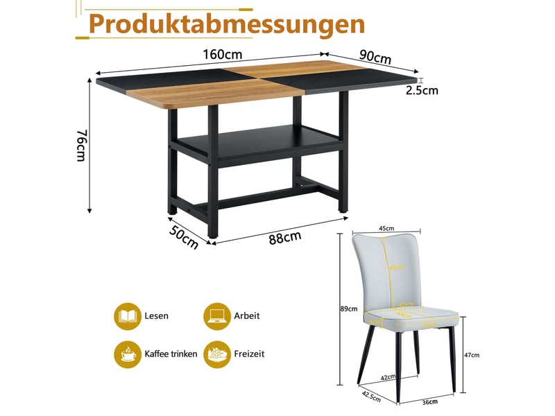  Ensemble table à manger rectangulaire 6 places avec rangement, chaises gris clair et métal noir, 160 cm  - Conforama C